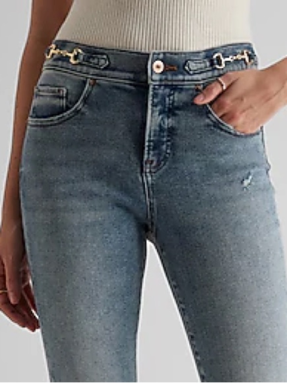 Express Light Blue Skinny Jeans with Gold Chain Accent